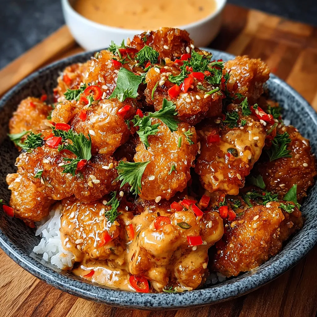 Close-up of delicious Bang Bang Chicken, showcasing its crispy texture and flavorful sauce.