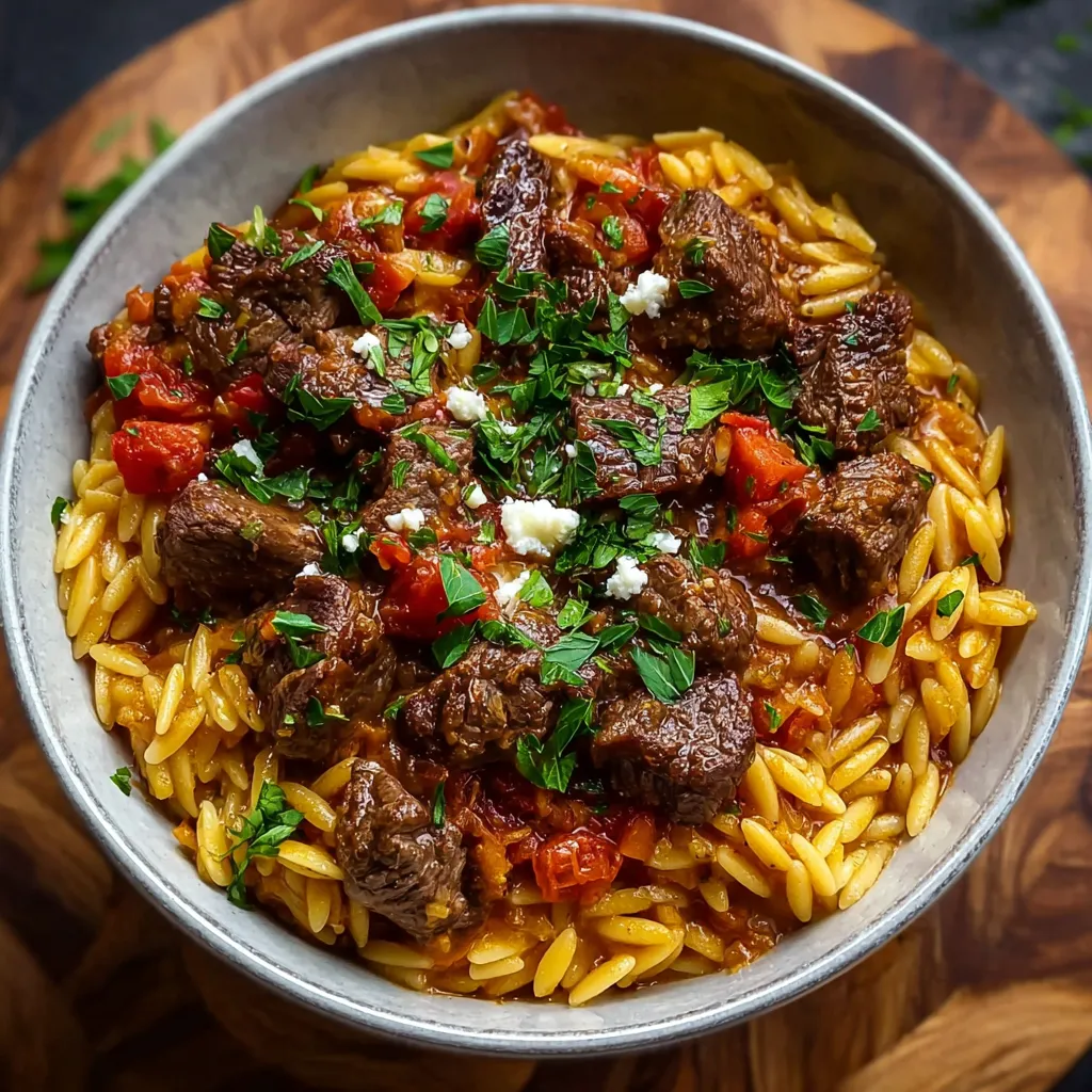 Close-up shot of delicious Beef Giouvetsi, a traditional Greek baked pasta dish with tender beef.
