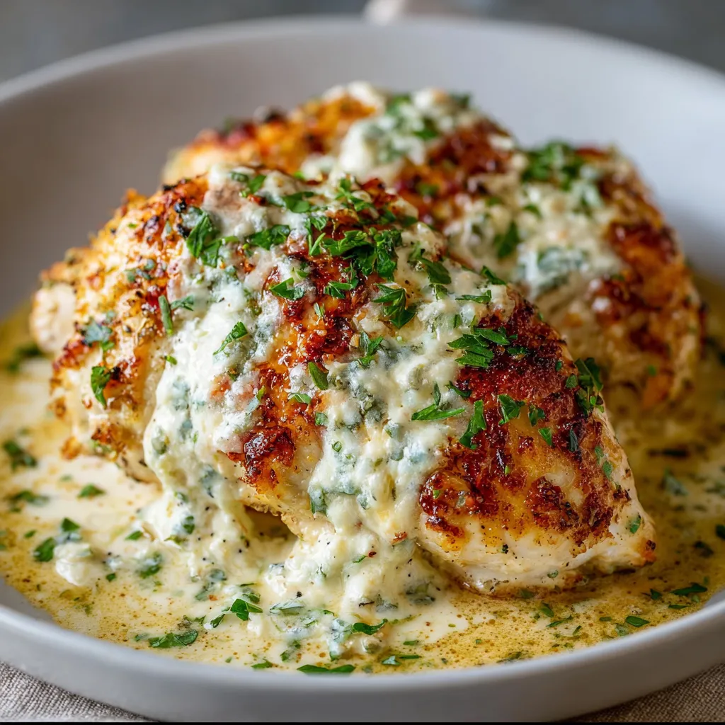 Baked Cream Cheese Chicken Recipe Close-up shot of the creamy sauce and tender chicken in this delicious Baked Cream Cheese Chicken recipe.