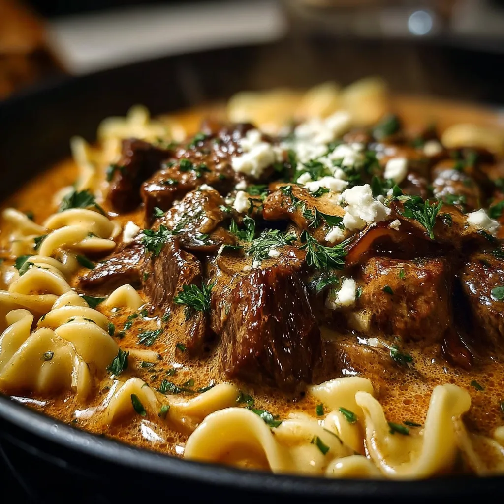 Close-up of a creamy and delicious plate of Beef Stroganoff, ready to be served.