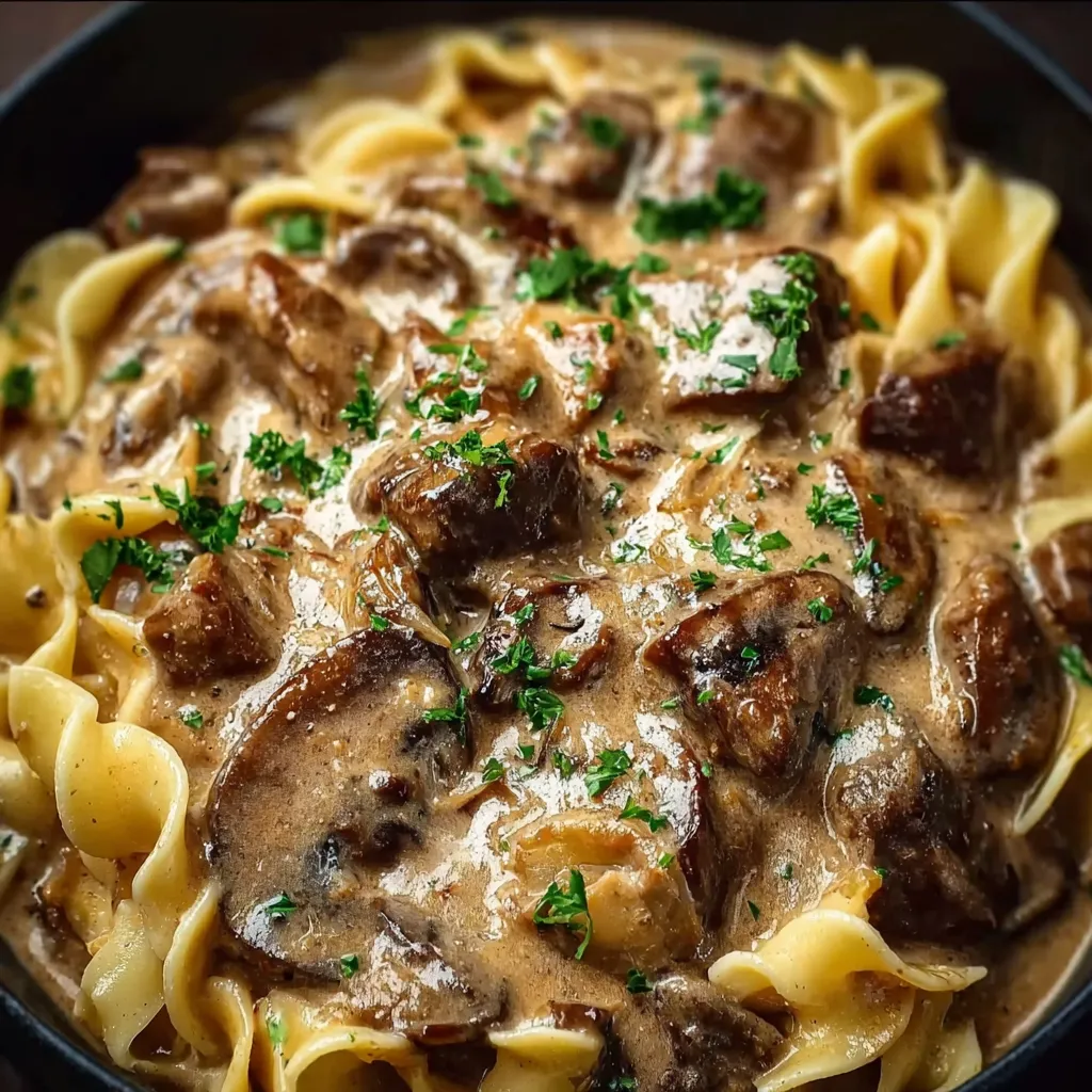 Creamy Beef Stroganoff Recipe Close-up of creamy Beef Stroganoff, showcasing the tender beef and rich sauce.