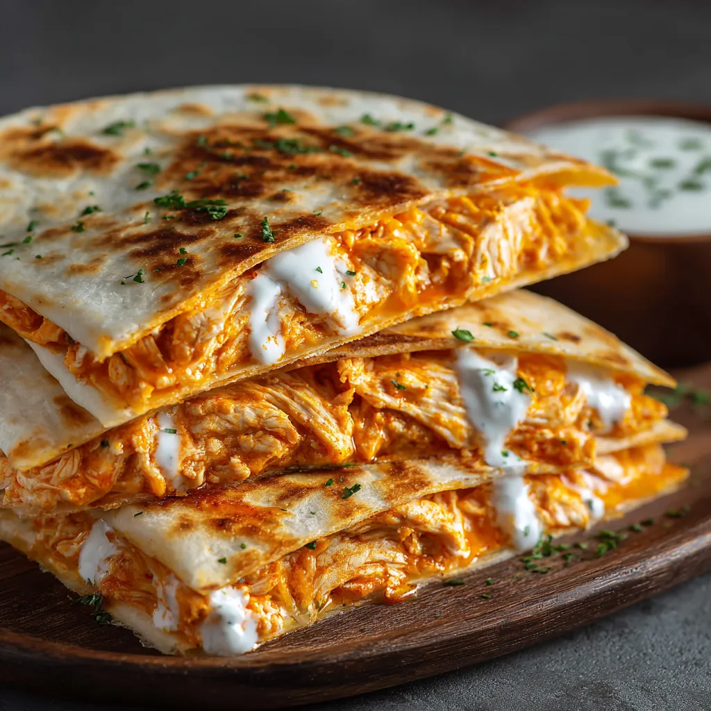 Buffalo Chicken Quesadilla Melt Recipe Close-up view of a delicious Buffalo Chicken Quesadilla Melt, showcasing the melted cheese and flavorful chicken filling.