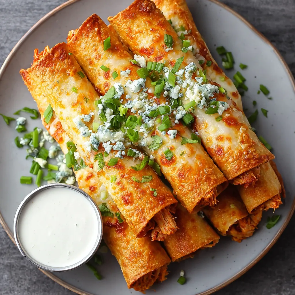 A close-up shot showcases delicious Buffalo Chicken Taquitos, highlighting their crispy exterior and flavorful filling.