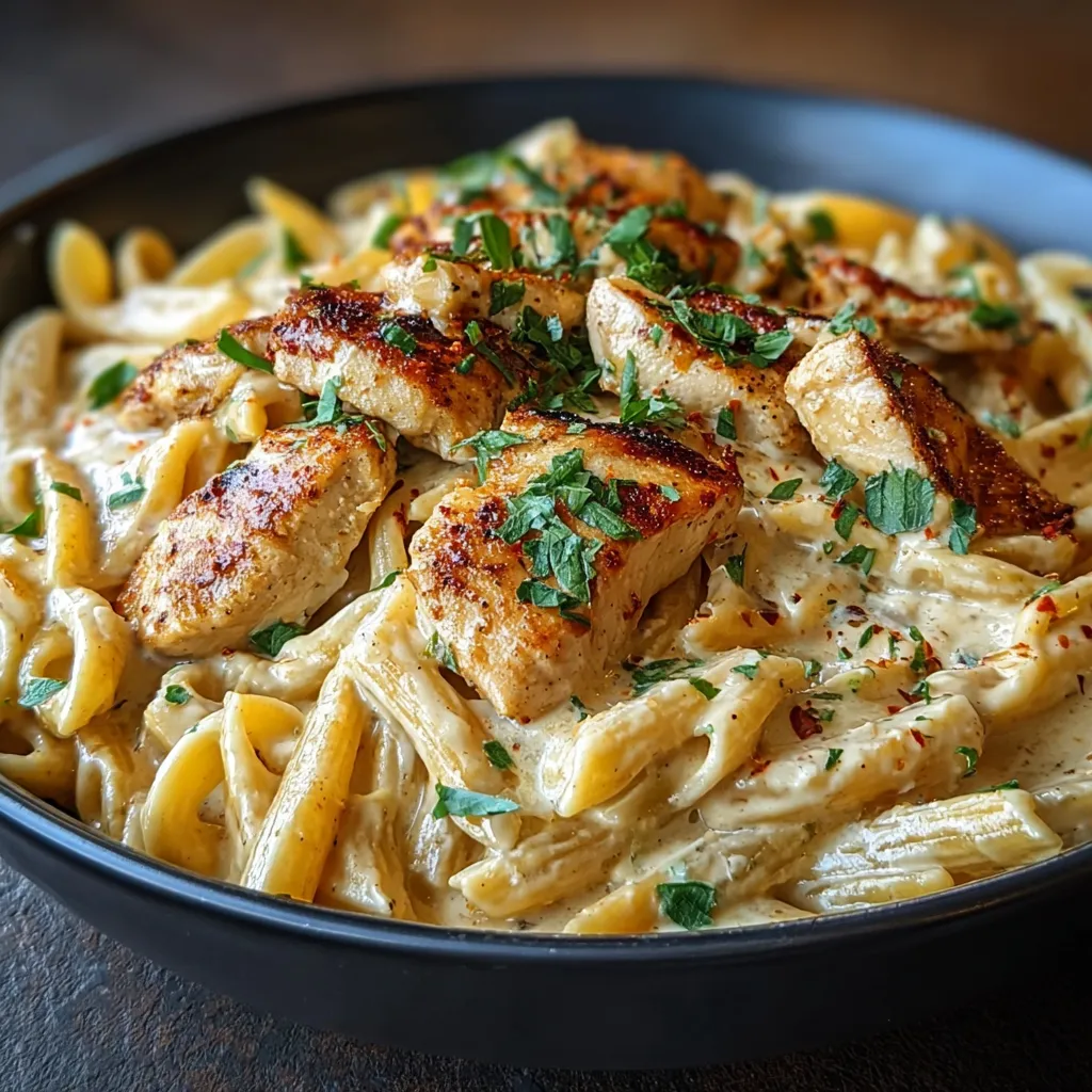 Creamy Cajun Chicken Pasta Recipe Close-up shot of creamy Cajun Chicken Pasta with grilled chicken and colorful bell peppers.
