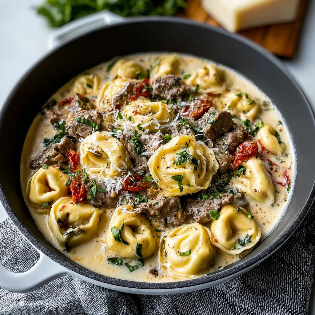 Cheesesteak Tortellini Recipe Close-Up A close-up shot showcases creamy Cheesesteak Tortellini filling with melted cheese and savory beef.