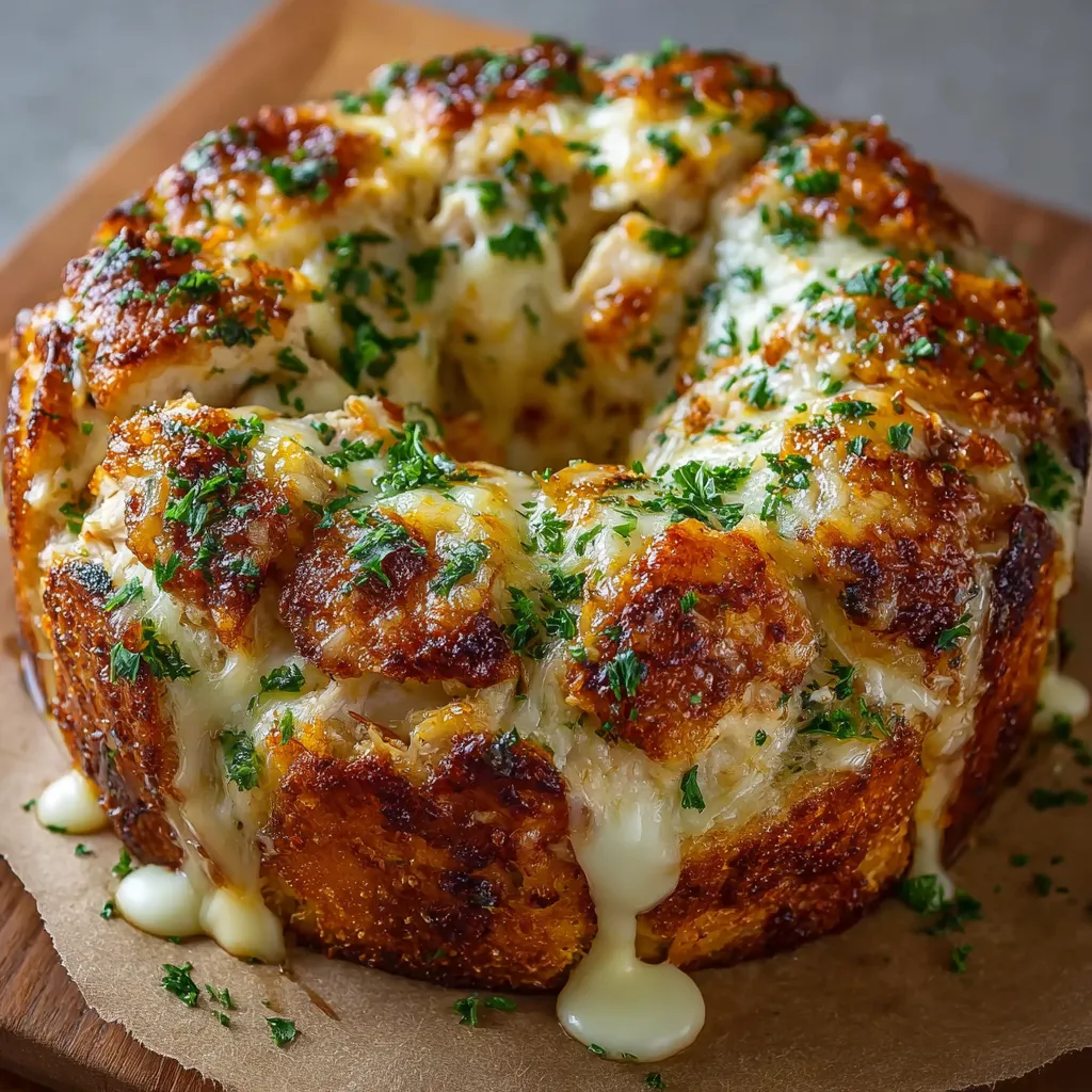 Close-up view of delicious, cheesy Chicken Alfredo Monkey Bread, showcasing its pull-apart texture and creamy sauce.