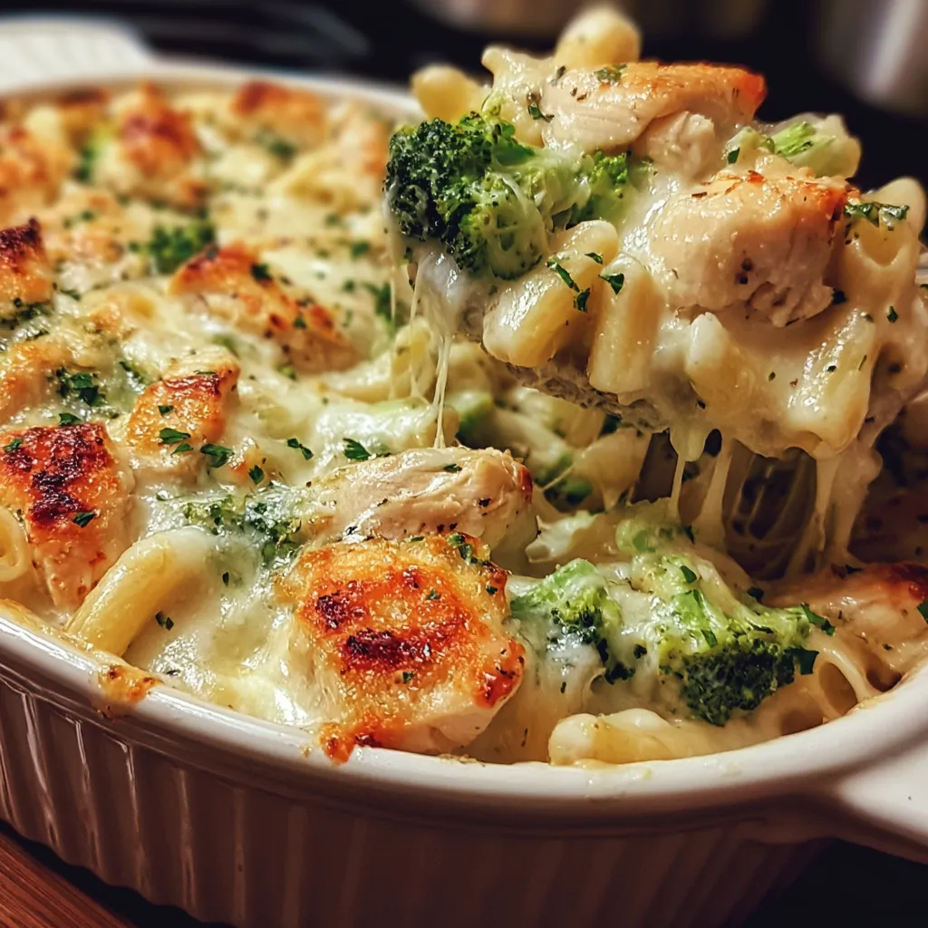 Chicken Broccoli Alfredo Bake Recipe A close-up view showcases a creamy and golden Chicken And Broccoli Alfredo Bake, fresh from the oven.