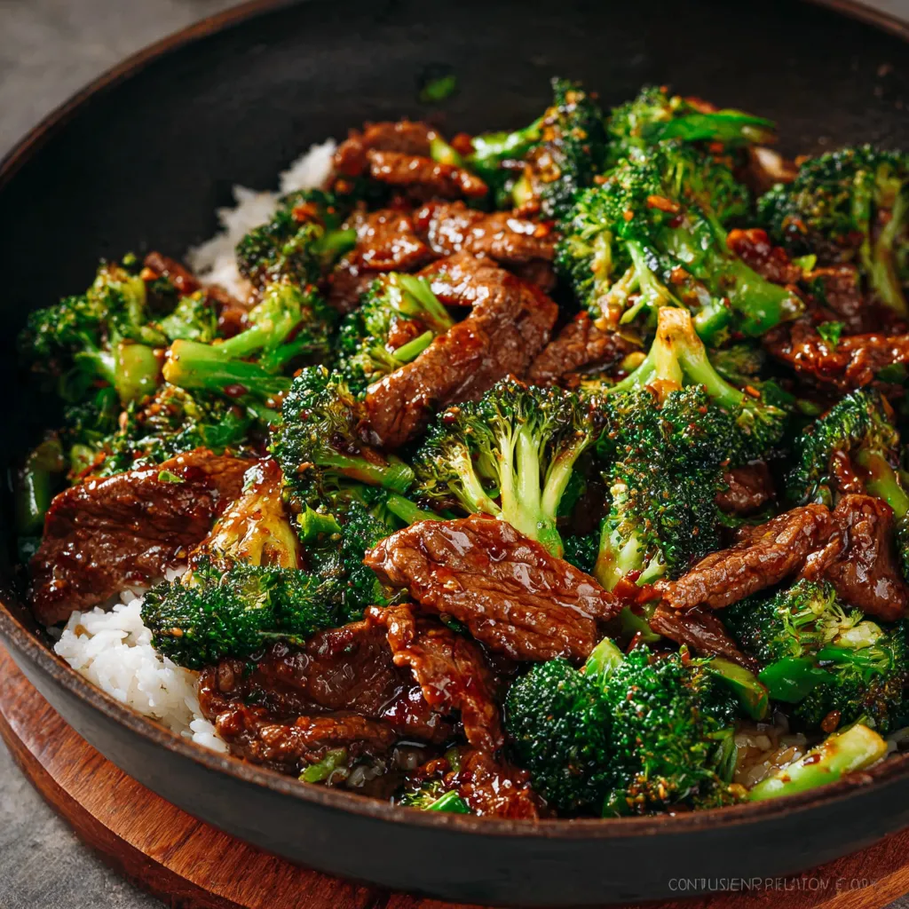 Delicious Chinese Beef & Broccoli Close-up shot of delicious Chinese Beef And Broccoli stir-fry, showcasing tender beef and vibrant green broccoli.