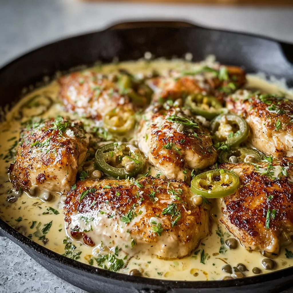 Creamy Pepperoncini Chicken Skillet Close-up of a Creamy Pepperoncini Chicken Skillet Dinner, showcasing the creamy sauce and tender chicken.