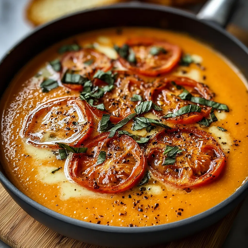 Creamy Tomato Soup with Roasted Garlic A close-up showcases the rich texture of Creamy Roasted Garlic Tomato Soup, ready to be enjoyed.