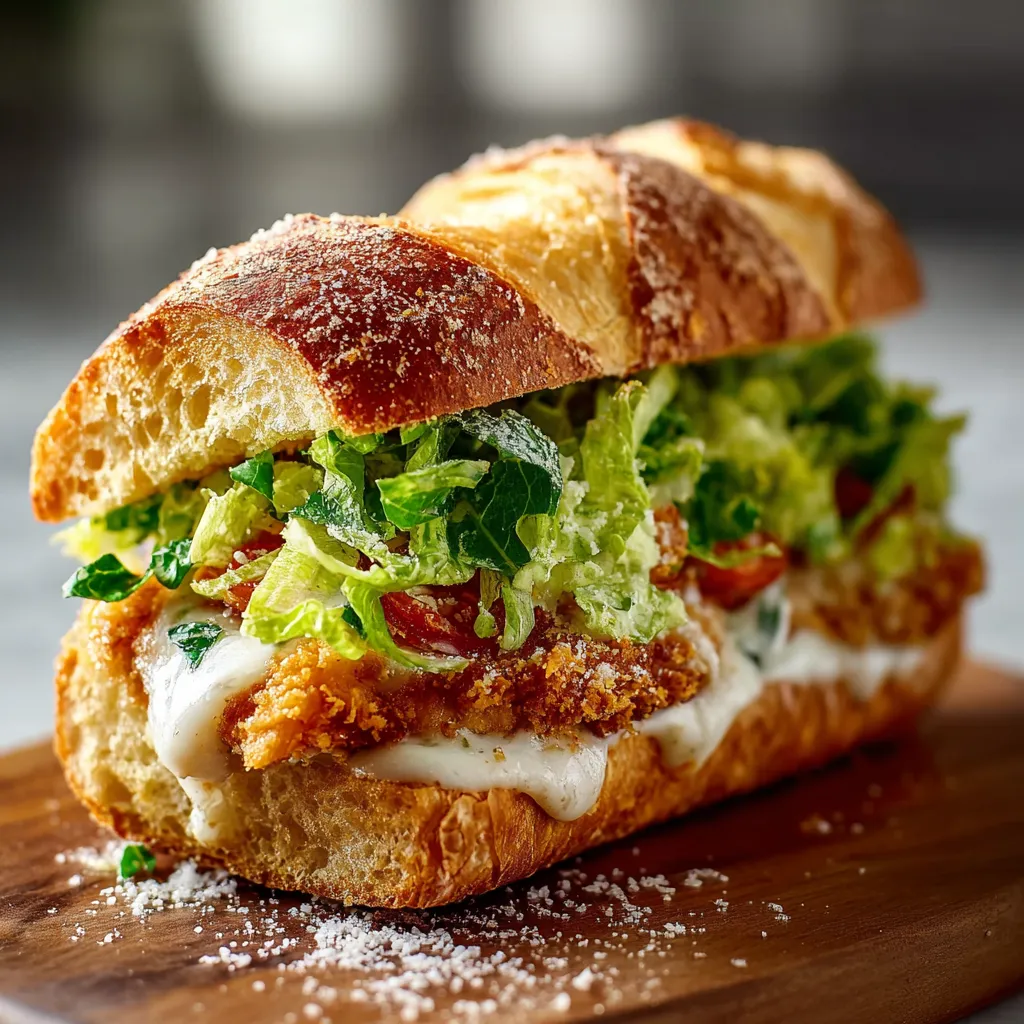 Crispy Chicken Caesar Sandwich Close-Up Close-up of a delicious Crispy Chicken Caesar Sandwich, showcasing the crispy chicken, creamy Caesar dressing, and fresh lettuce.
