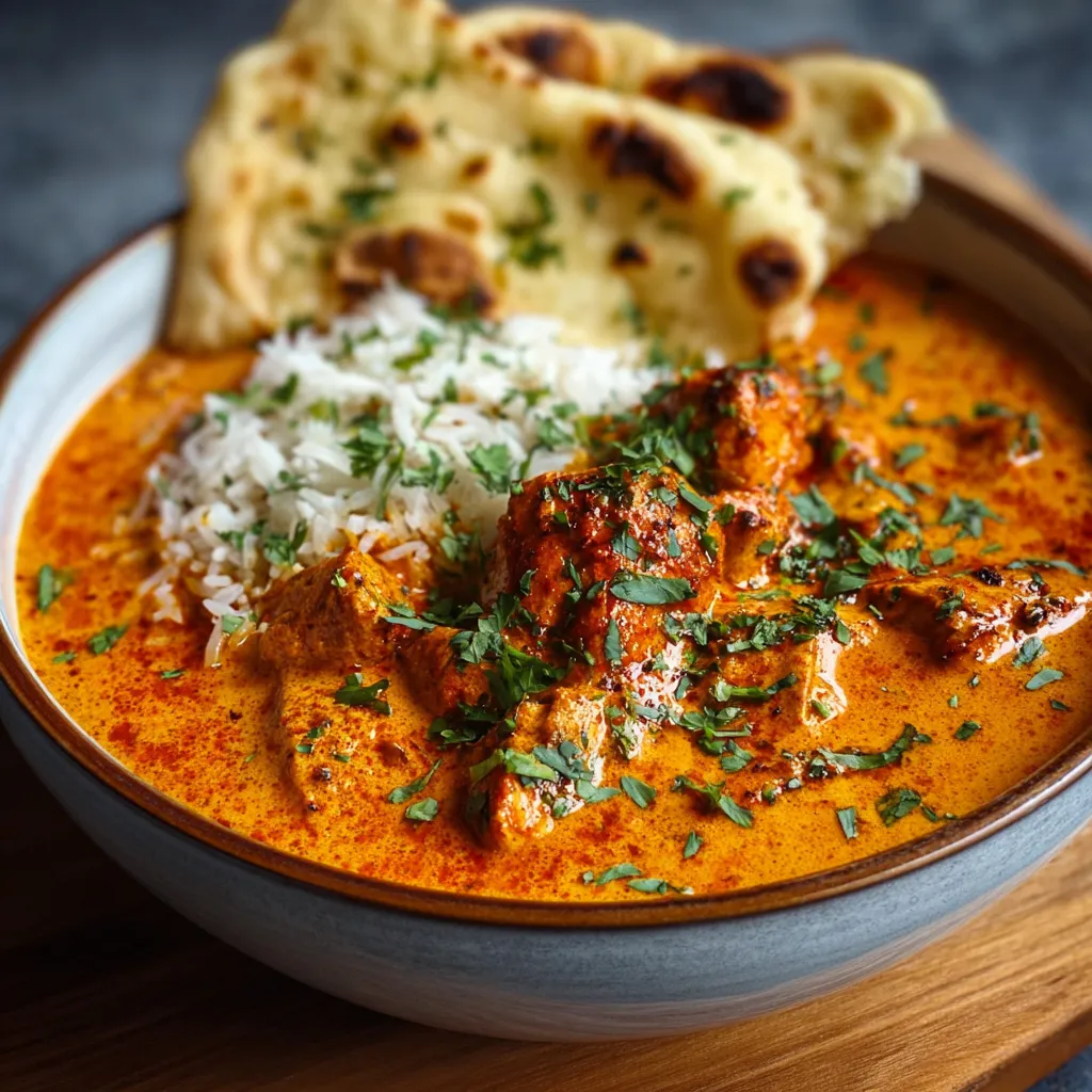 Close-up shot of delicious Butter Chicken, a creamy Indian curry dish, ready to be served.