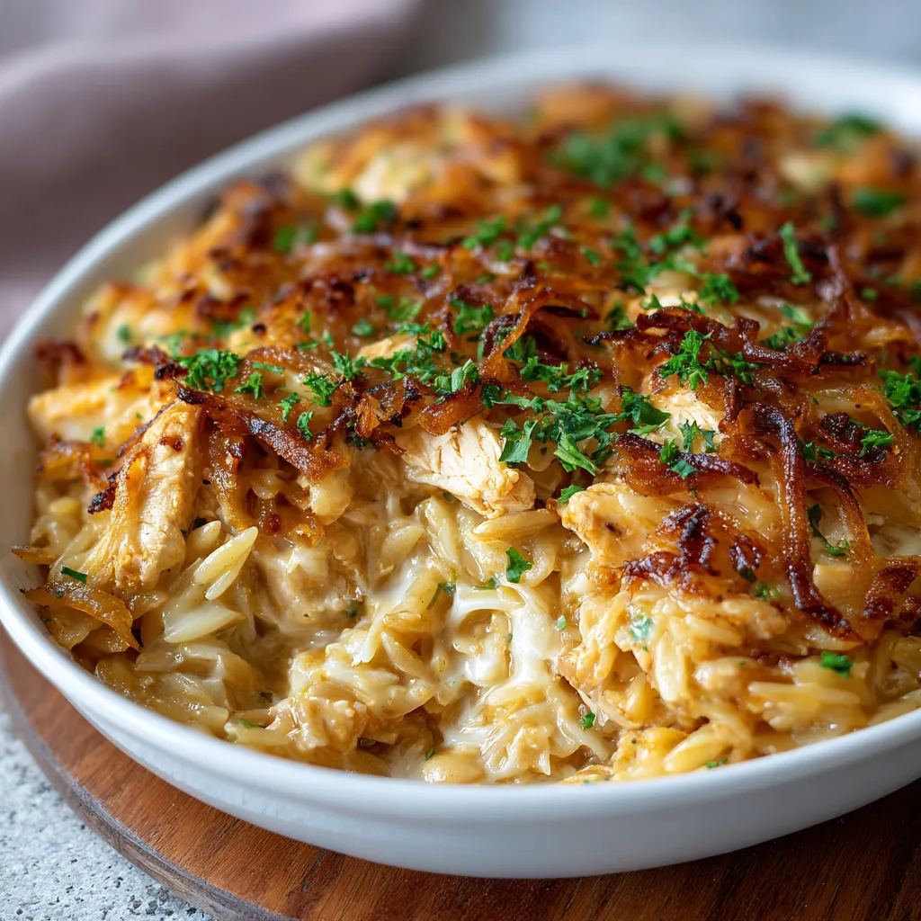 French Onion Chicken Orzo Bake Close-up view of the creamy and cheesy French Onion Chicken Orzo Casserole, ready to be served.