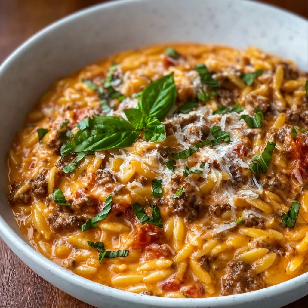 Ground Beef Orzo Recipe A close-up shot showcases a delicious Ground Beef Orzo Dinner, highlighting the texture of the ground beef and orzo pasta.