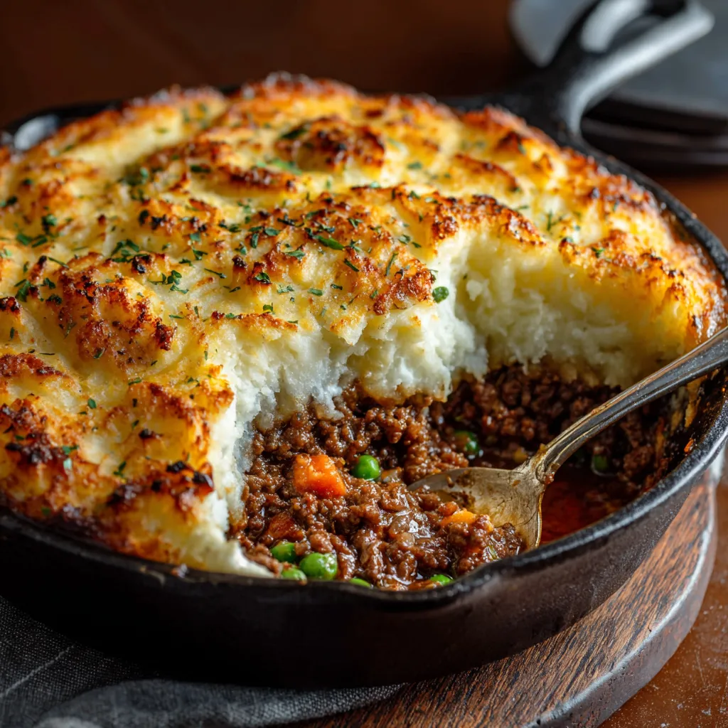 Close-up shot of a delicious Ground Beef Shepherd's Pie with a golden-brown mashed potato topping, showcasing its savory filling and comforting texture.