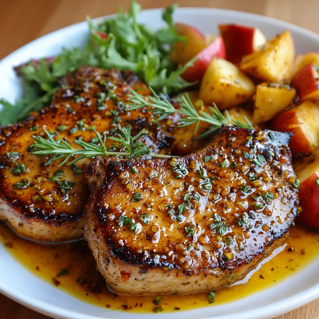 Honey Mustard Pork Chops with Apples Close-up showing juicy Honey Mustard Apple Pork Chops ready to eat.