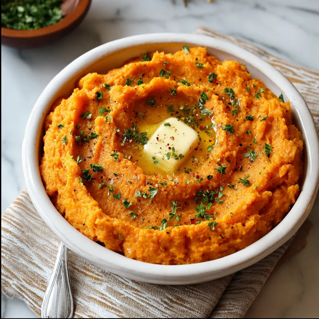 Creamy Mashed Sweet Potatoes served in a rustic bowl, ready to be enjoyed as a flavorful side dish.