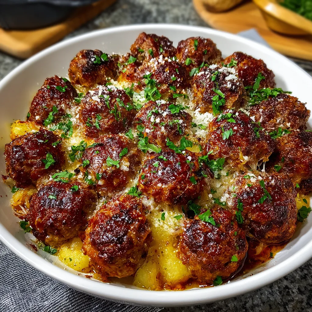 Meatballs Potatoes Cheese Delicious A close-up image showing the deliciousness of Meatballs With Potatoes And Cheese, ready to be served.