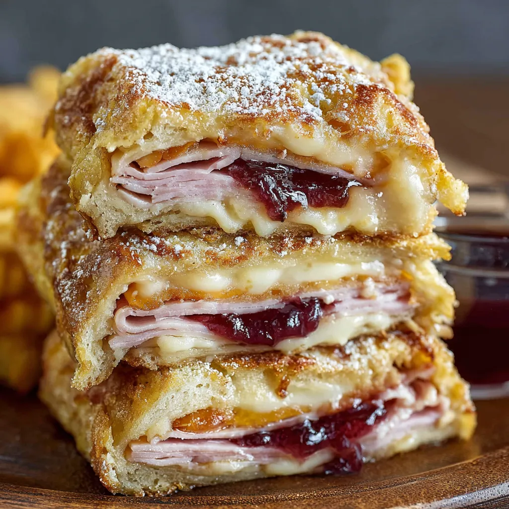 A closer view of a delicious, golden-brown Monte Cristo Sandwich, ready to be enjoyed.