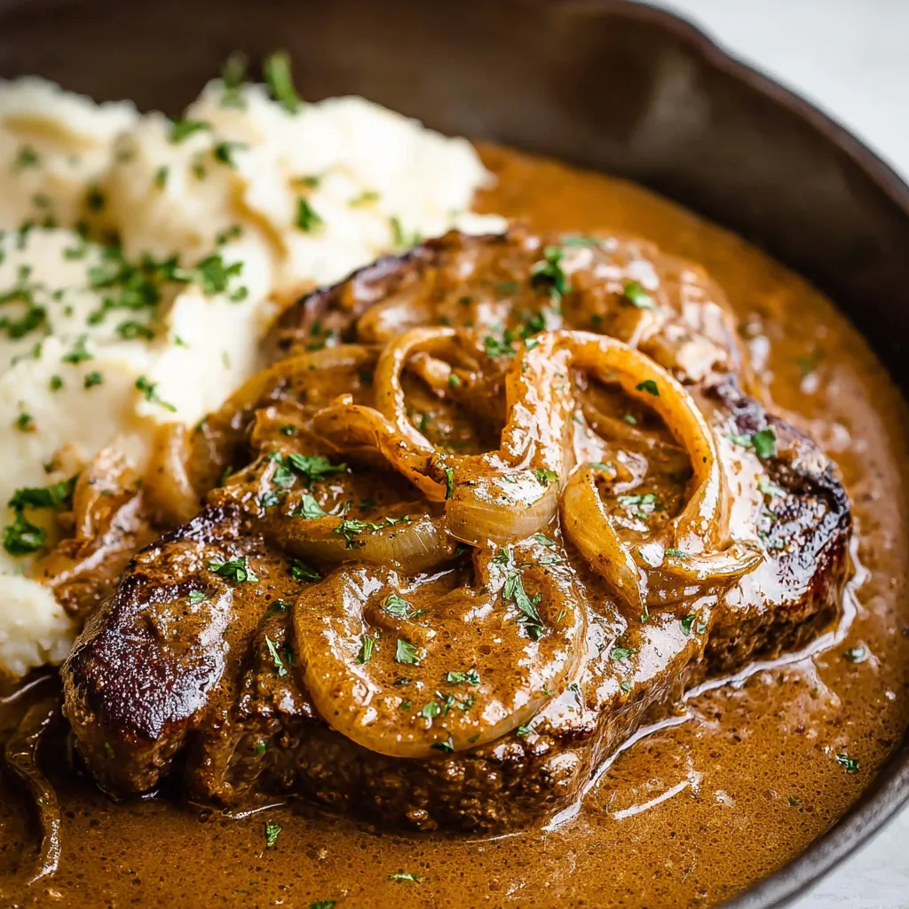 Close-up shot of a delicious Onion Gravy Smothered Steak, showcasing the rich, savory sauce and perfectly cooked beef.