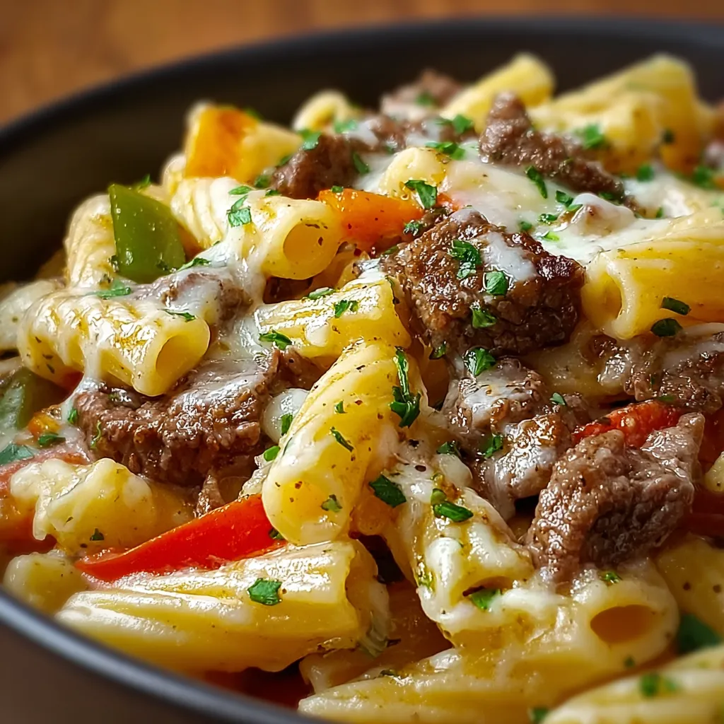 A close-up shot showcases a creamy plate of Philly Cheesesteak Pasta, highlighting the melted cheese, sliced steak, and peppers mixed within the pasta.