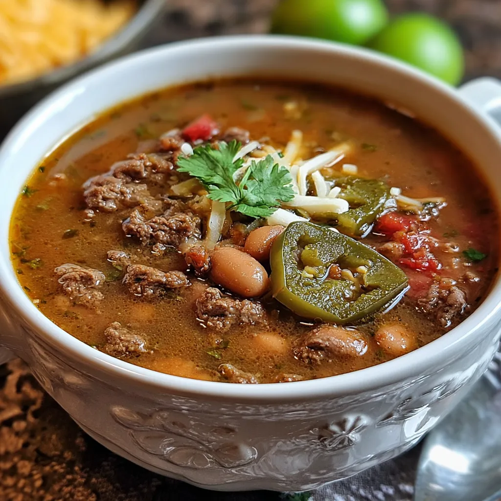 Pinto Bean Soup with Beef & Green Chile Close-up of hearty Pinto Beans, Green Chile & Beef Soup in a bowl, showcasing the delicious ingredients.