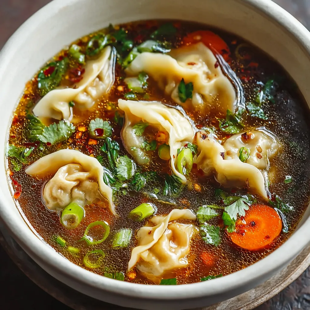 Potsticker Soup Recipe Closeup Close-up of flavorful Potsticker Soup featuring vibrant green scallions and golden-brown potstickers in a clear broth.