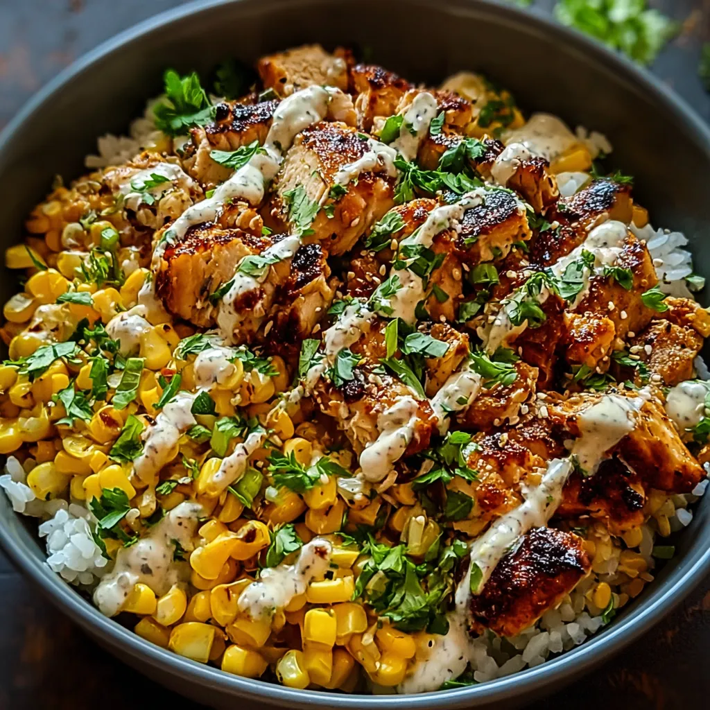 Street Corn Chicken Bowl Recipe A close-up view of a delicious Street Corn Chicken Rice Bowl showcasing the vibrant colors and textures of the ingredients.