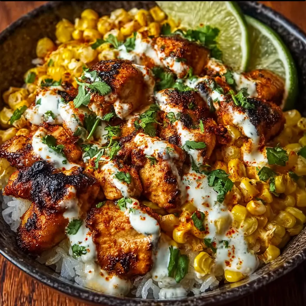 Close-up view of a delicious Street Corn Chicken Rice Bowl, showcasing the vibrant colors and textures of the dish.
