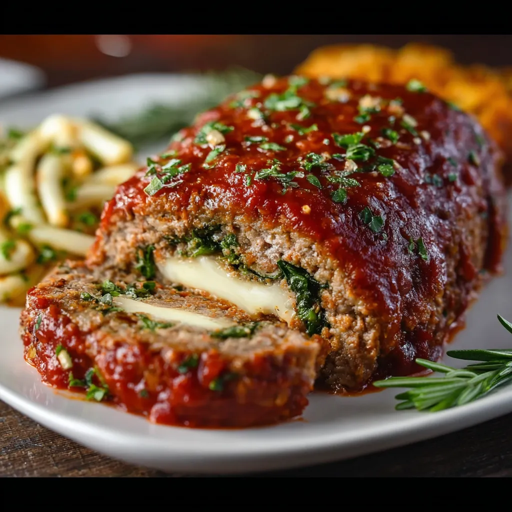 Stuffed Italian Meatloaf Recipe Close-up view of a sliced Stuffed Italian Meatloaf showcasing the delicious, cheesy filling.