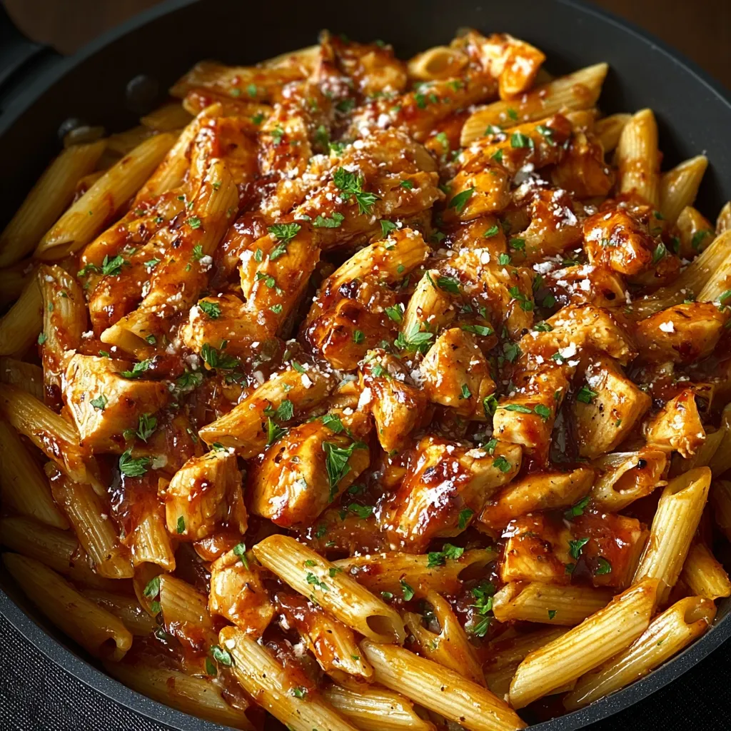 Honey BBQ Chicken Penne Pasta Recipe Close-up shot of appetizing Tangy Honey BBQ Chicken Penne, showcasing the pasta, chicken, and barbecue sauce.