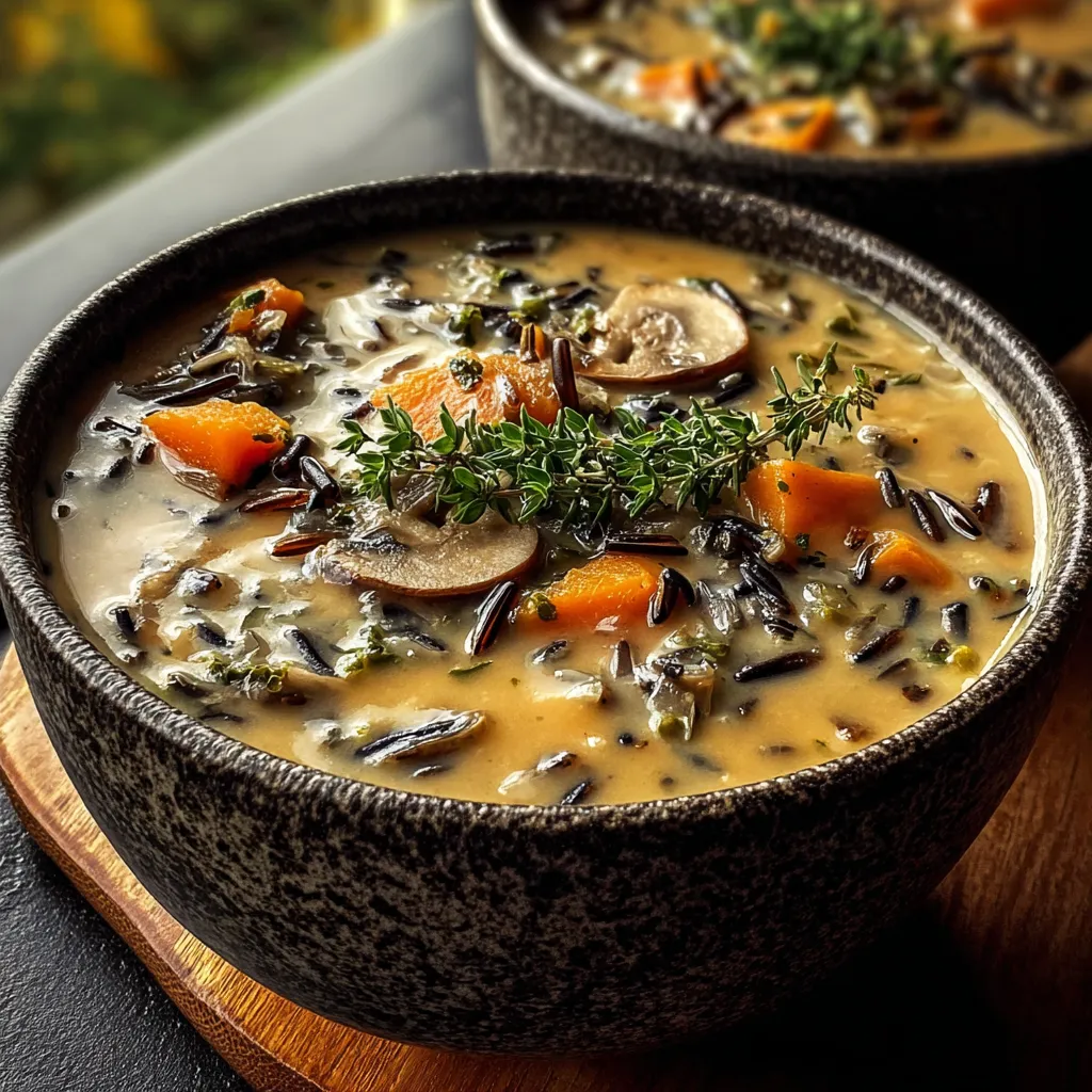 Creamy Wild Rice Soup Recipe Close-up of creamy Wild Rice Soup in a rustic bowl, showcasing its texture and ingredients.