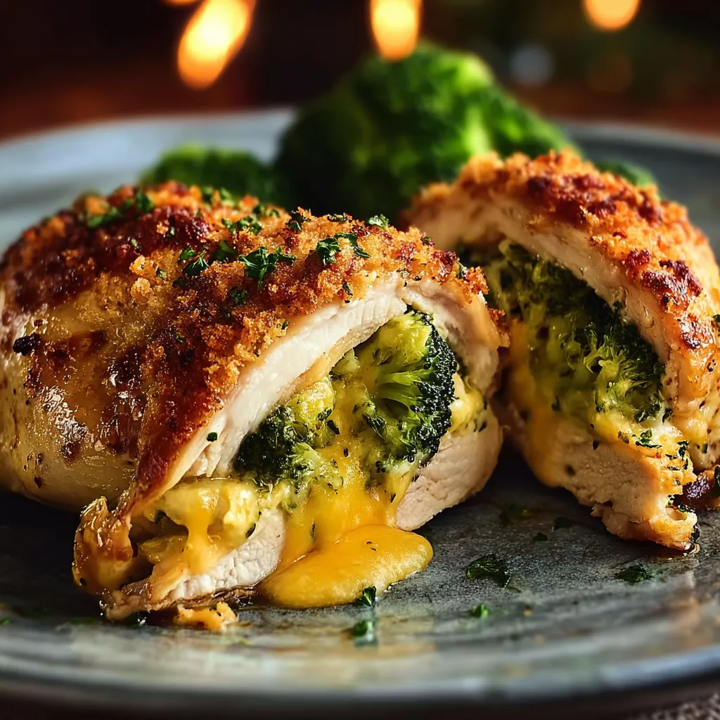 Close-up showing a juicy Broccoli Cheddar Stuffed Chicken breast with melted cheese oozing out.