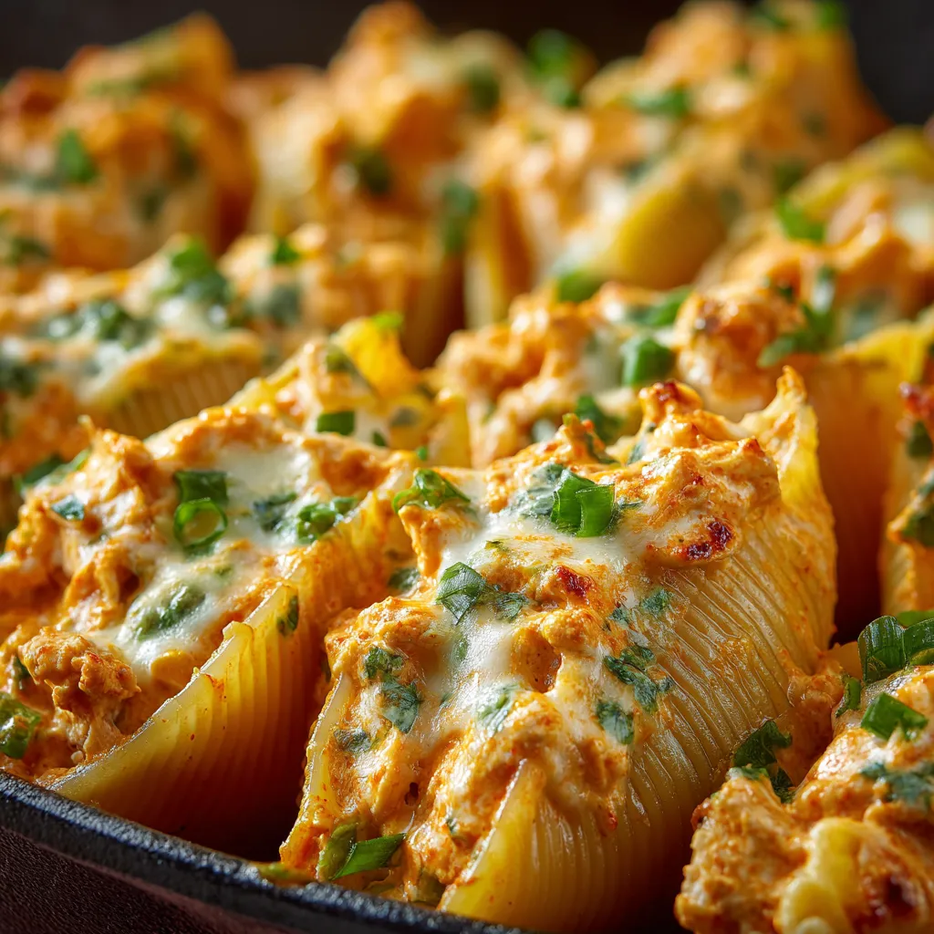 A close-up shows cheesy, delicious Buffalo Chicken Stuffed Shells ready to be served.