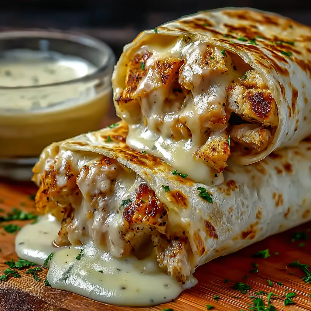 Close-up of delicious, golden brown Cheesy Garlic Chicken Wraps ready to be enjoyed.