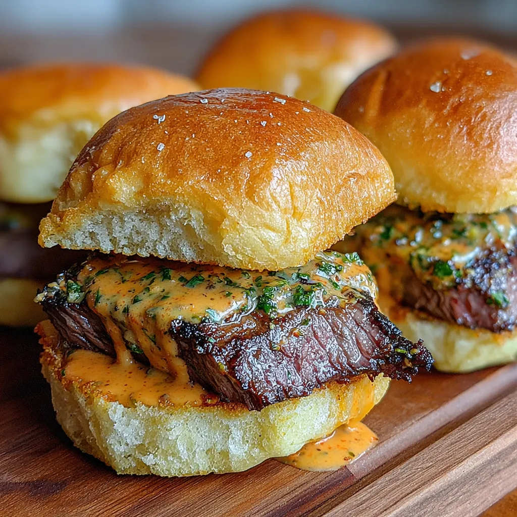 Close-up of juicy Cowboy Butter Steak Sliders, showcasing the melted butter and steak.