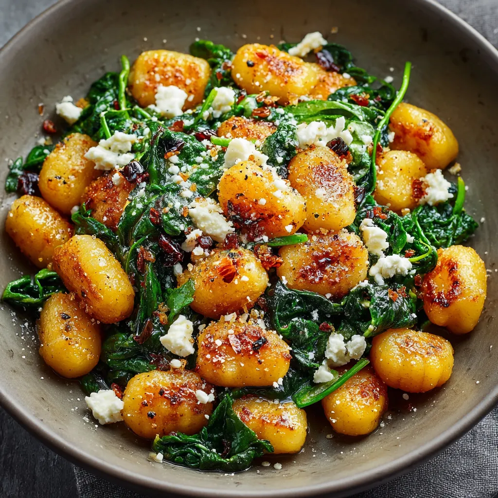 Close-up of a plate of Crispy Gnocchi With Spinach And Feta, showcasing its golden-brown texture and vibrant green spinach.