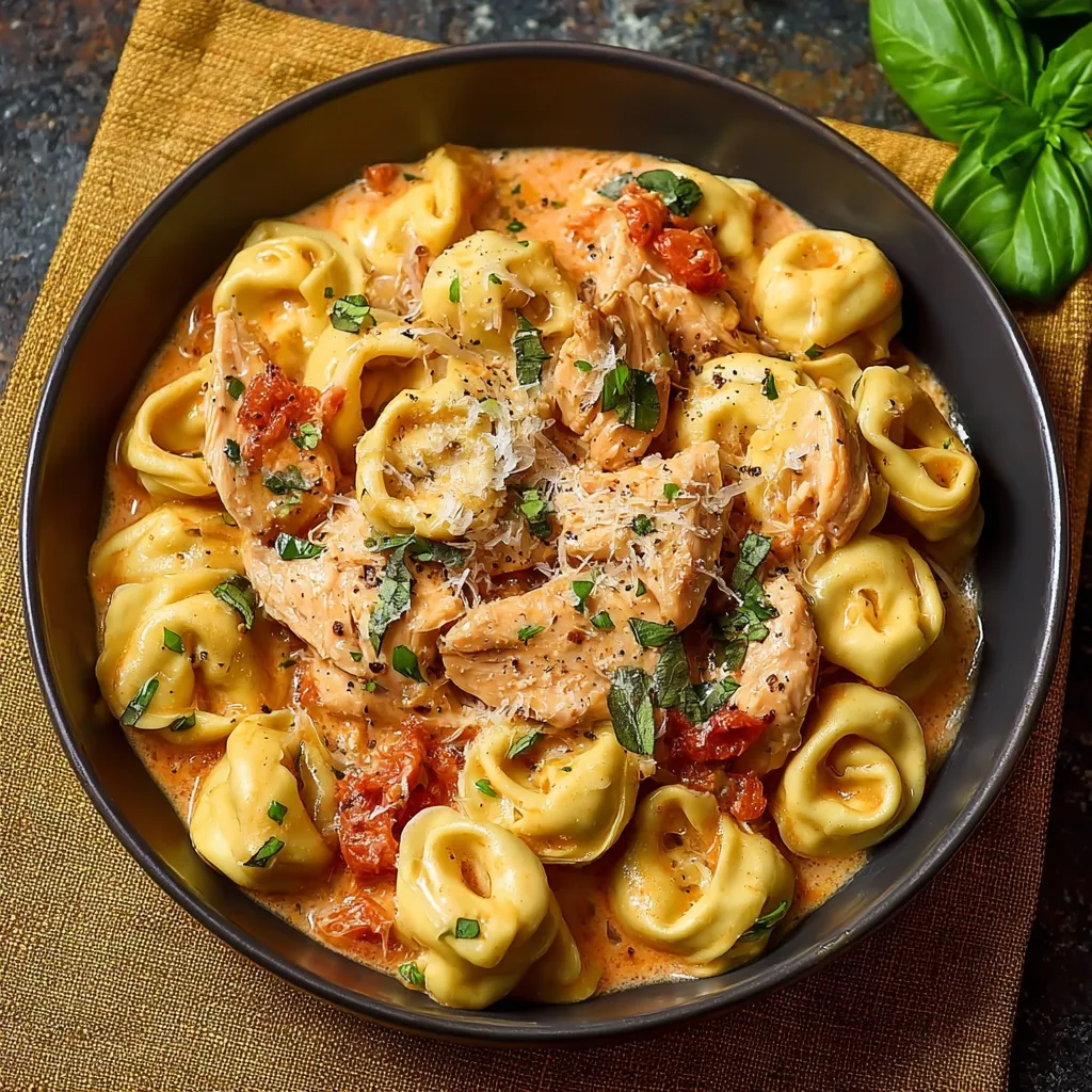 Close-up of creamy CrockPot Chicken Tortellini in a slow cooker, ready to be served.