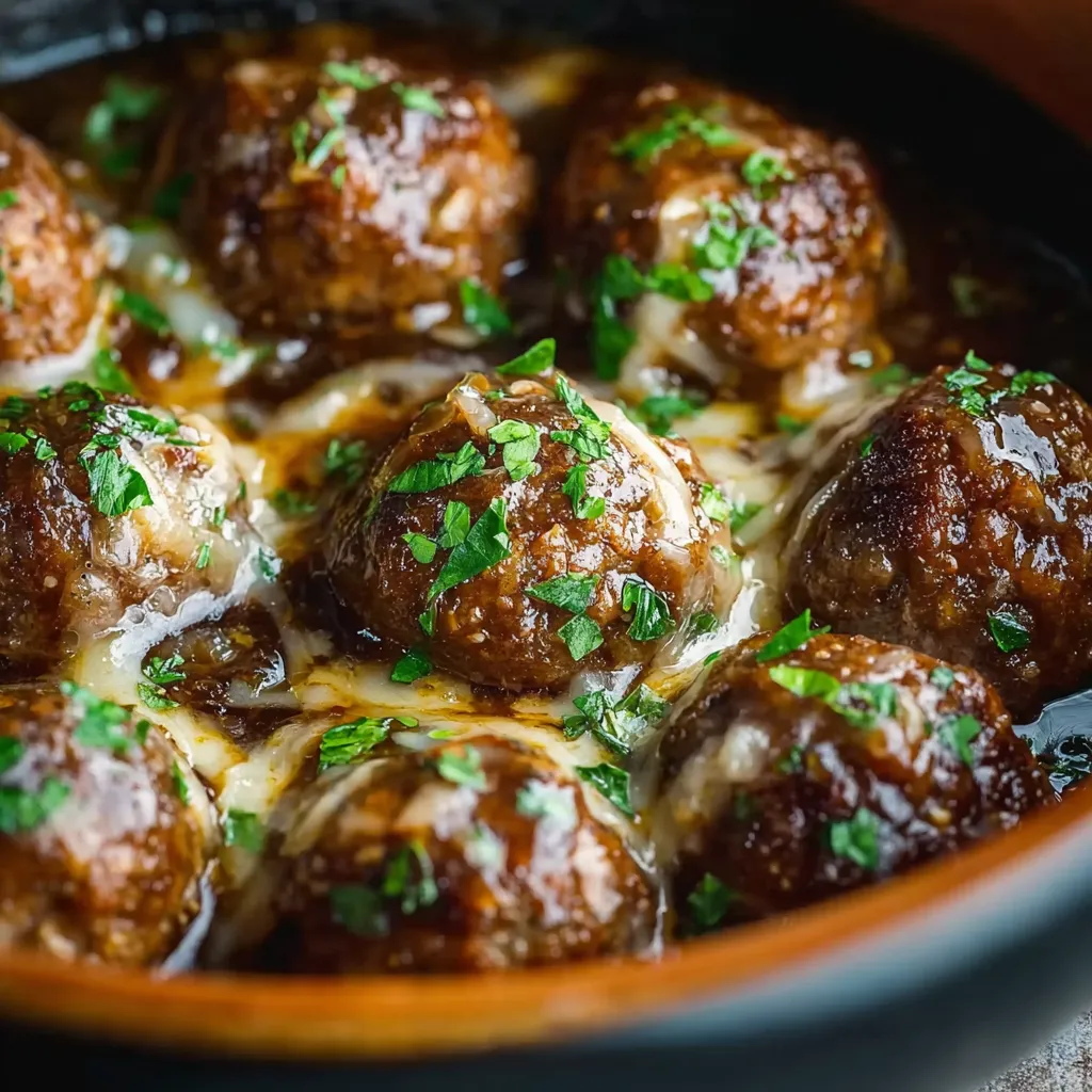 Crockpot French Onion Meatballs Recipe Close-up of saucy Crockpot French Onion Meatballs in a slow cooker, ready to be served.