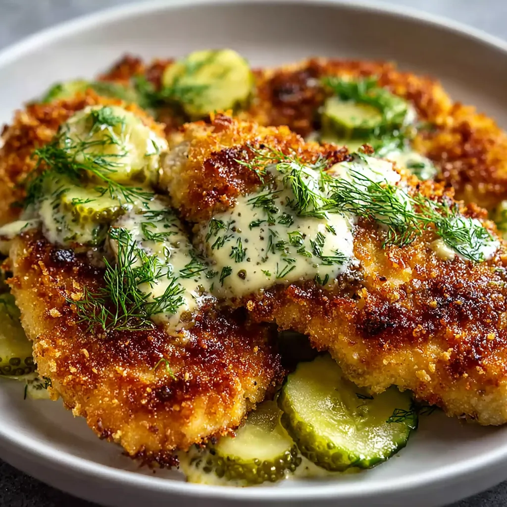 Close-up shot of golden-brown Dill Pickle Parmesan Chicken, showcasing the crispy breading and delicious flavor.