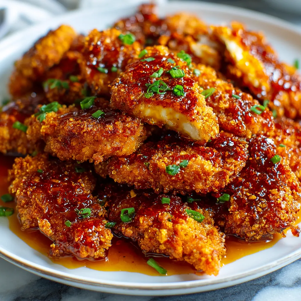 Crunchy Hot Honey Chicken Bake Close-up of golden brown Baked Crunchy Hot Honey Chicken fresh out of the oven, showcasing its crispy texture and glistening honey glaze.