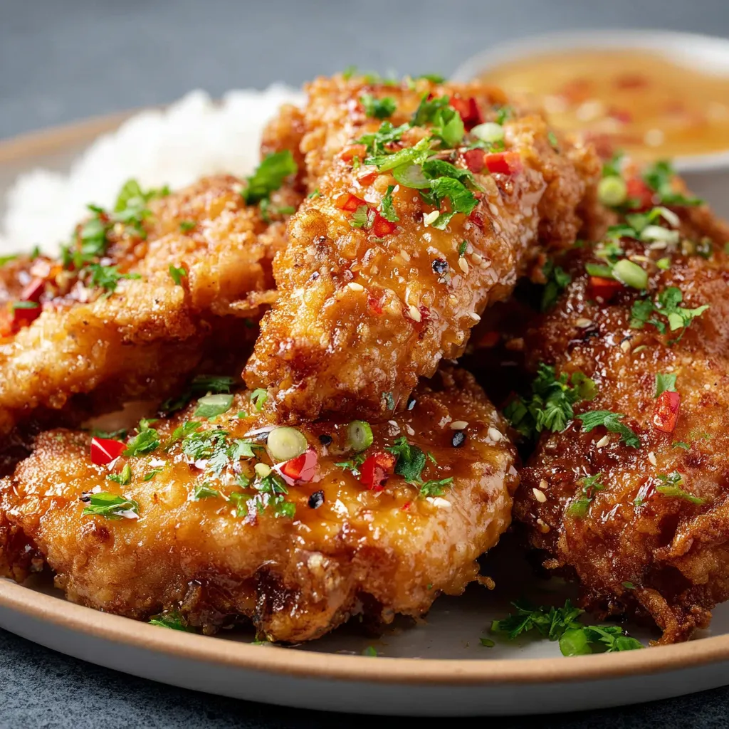 Close-up shot of delicious Bang Bang Chicken, showcasing its creamy sauce and tender chicken pieces.