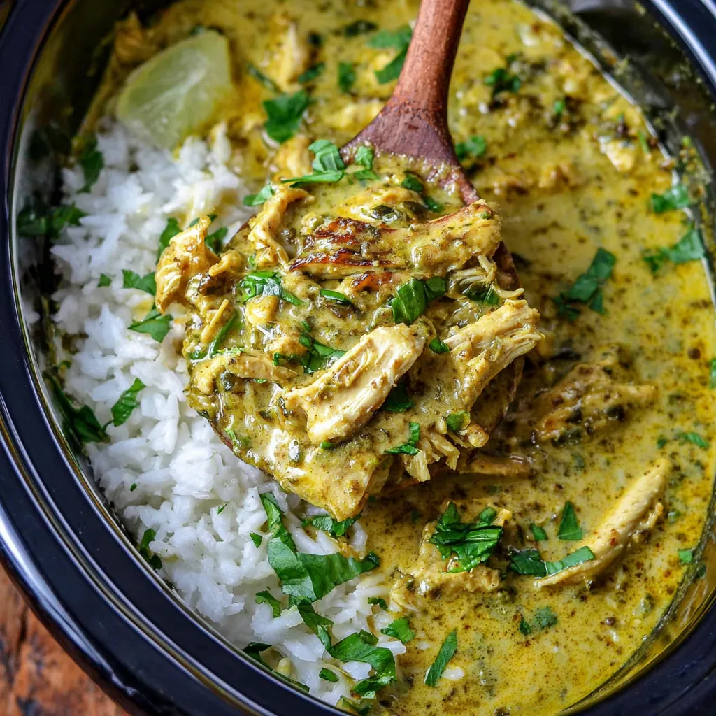 A close-up shot showcases the creamy texture and vibrant green basil in this Basil Chicken Coconut Curry.