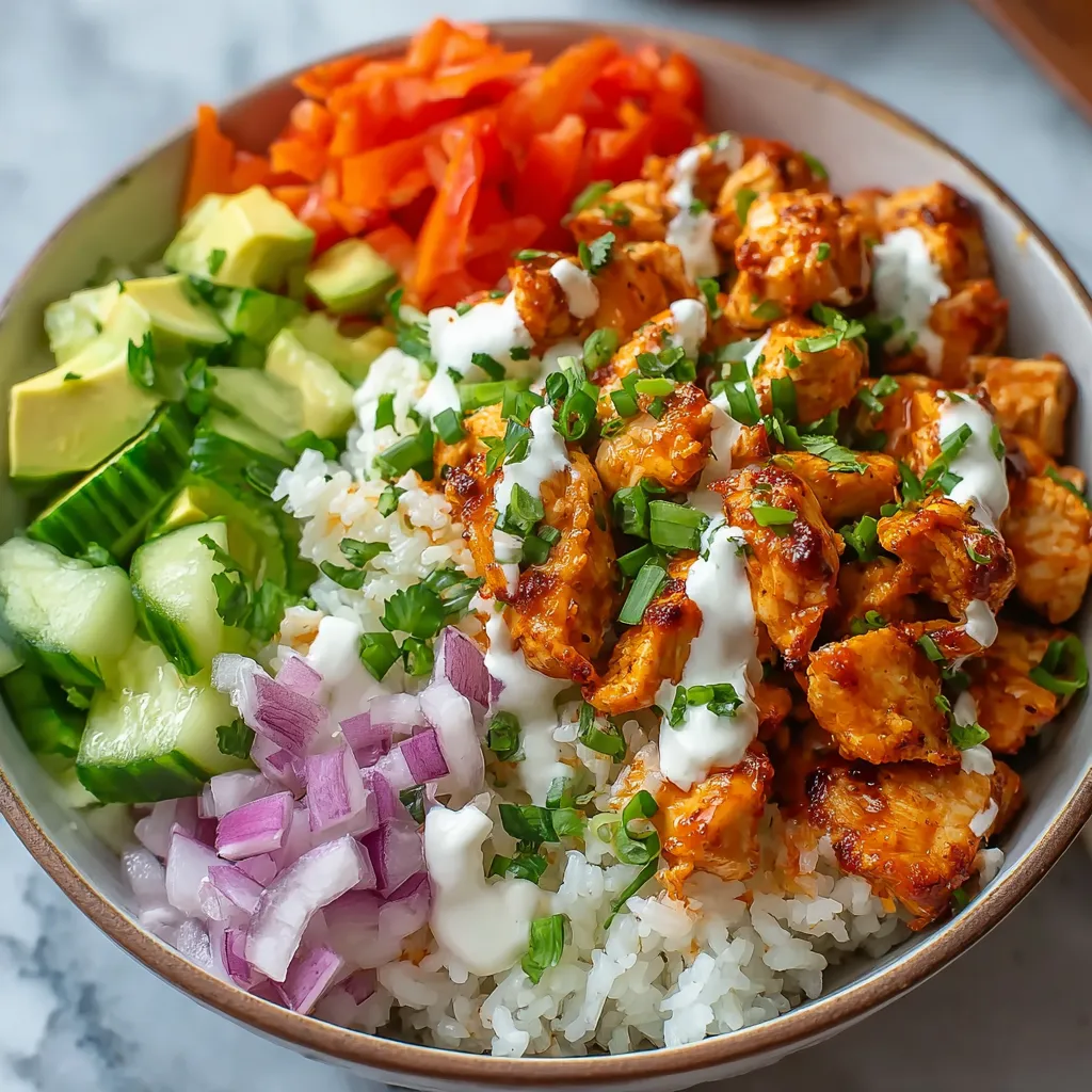 Buffalo Chicken Bowl Recipe Close-Up Close-up of a delicious Buffalo Chicken Bowl, showcasing the layers of chicken, rice, and toppings.