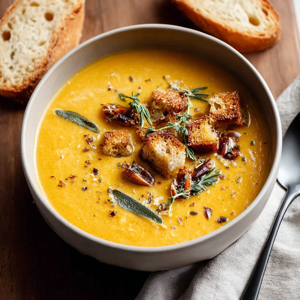 Creamy Butternut Squash Soup Recipe Close-up of creamy, vibrant orange Butternut Squash Soup in a white bowl, ready to be served.