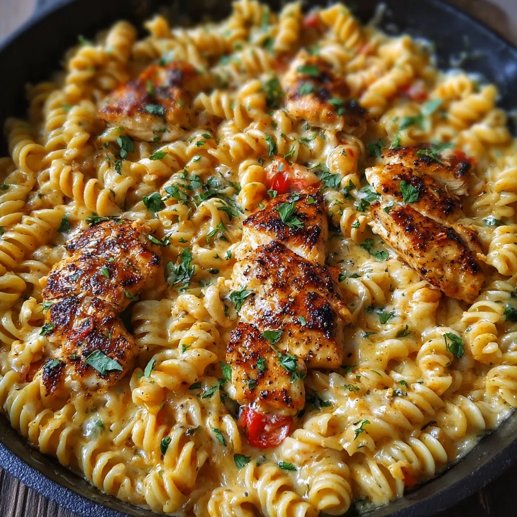 Cajun Chicken Rotini Skillet Recipe Close-up shot of the flavorful Cajun Chicken Rotini Skillet, showcasing the creamy sauce, colorful vegetables, and tender chicken.