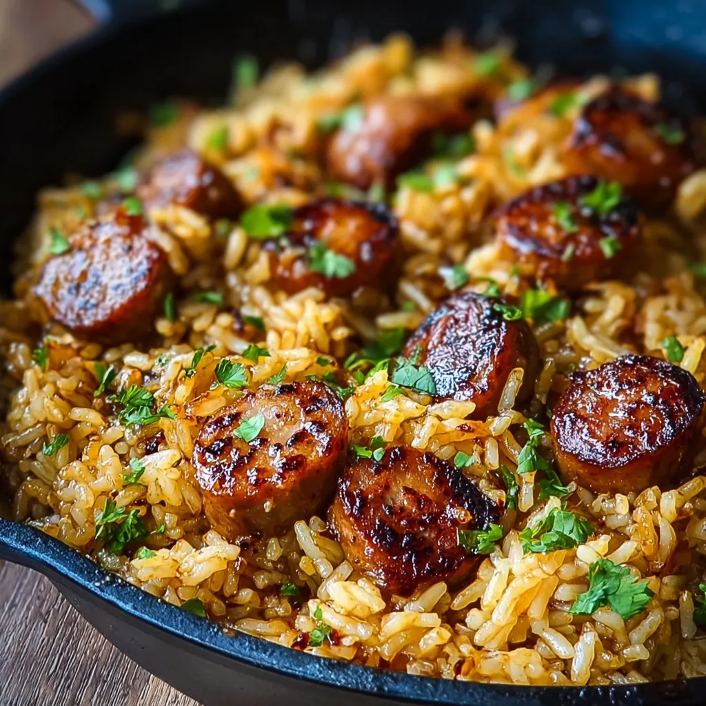 Cajun Sausage & Rice Recipe Close-Up Close-up shot of flavorful Cajun Honey Garlic Sausage & Rice, showcasing the juicy sausage and perfectly cooked rice.