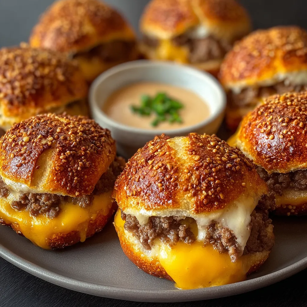 Cheeseburger Pretzel Bombs Recipe Close-up view of cooked Cheeseburger Pretzel Bombs, showcasing their golden-brown pretzel crust and juicy cheeseburger filling.