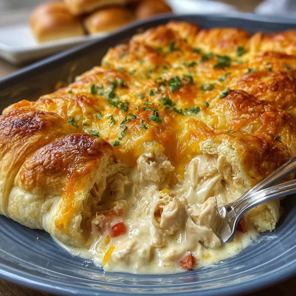 Cheesy Chicken Crescent Bake Recipe A close-up shot reveals the bubbly, golden-brown topping of a delicious Cheesy Chicken Crescent Bake.