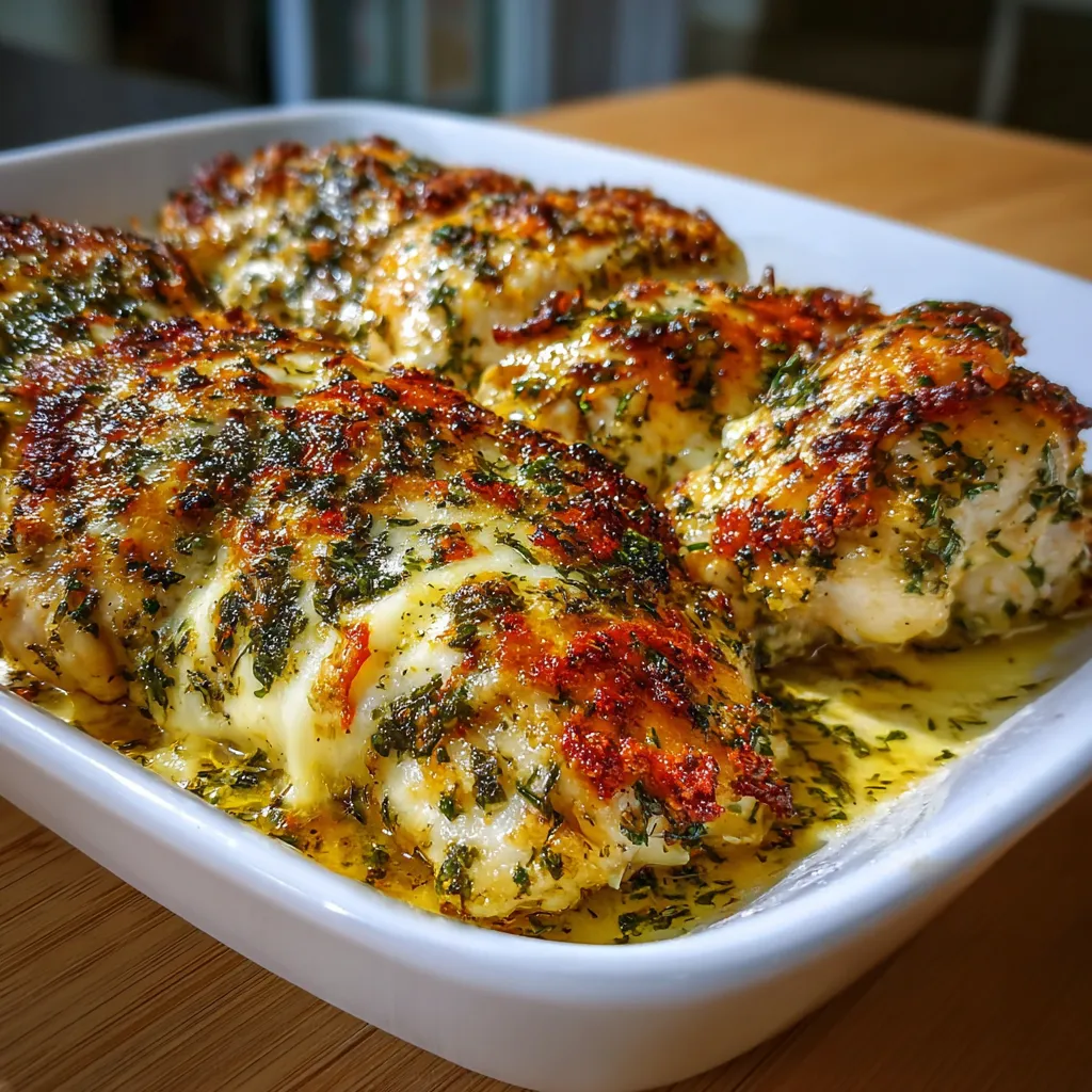 Cheesy Herb Chicken Bake Recipe A close-up shot showcases the golden-brown, bubbling cheese topping of the Cheesy Herb Chicken Bake, revealing juicy chicken and fragrant herbs.